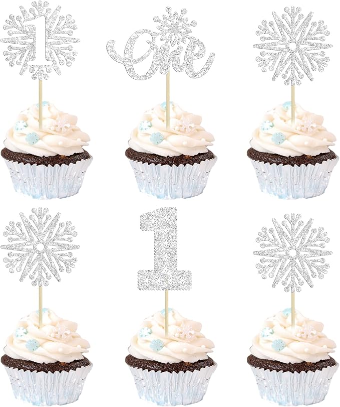 24Pcs Snowflake Cupcake Toppers Silver Glitter Winter Snowflake 1st Birthday Cupcake Picks First Birthday Cake Decorations for Winter Wonderland Kids 1st Birthday Party Supplies