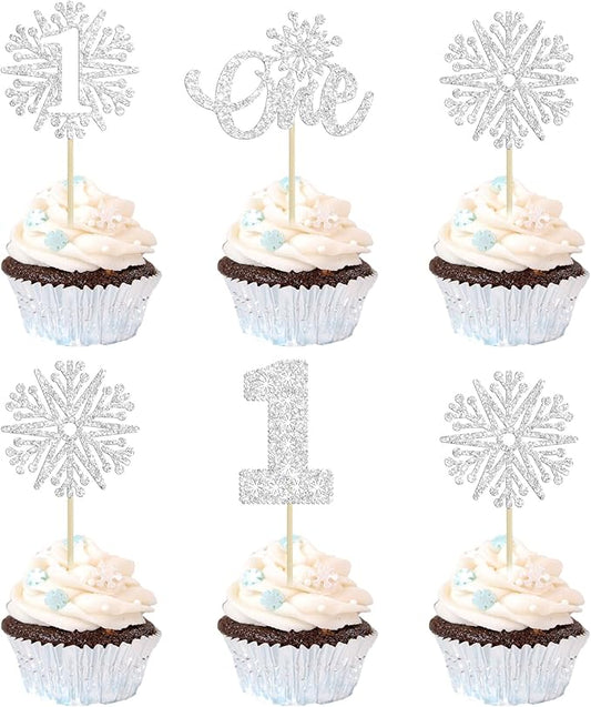 24Pcs Snowflake Cupcake Toppers Silver Glitter Winter Snowflake 1st Birthday Cupcake Picks First Birthday Cake Decorations for Winter Wonderland Kids 1st Birthday Party Supplies