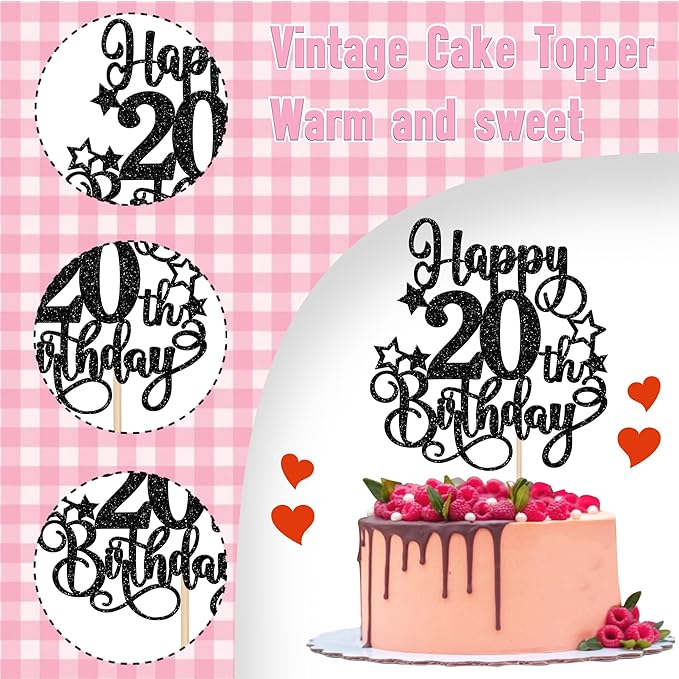 1 PCS Happy 20th Birthday Cake Topper Glitter Cheers to 20 Years Birthday Cake Pick Hello 20 Fabulous Cake Decoration for Happy 20th Birthday Anniversary Party Decorations Supplies Black