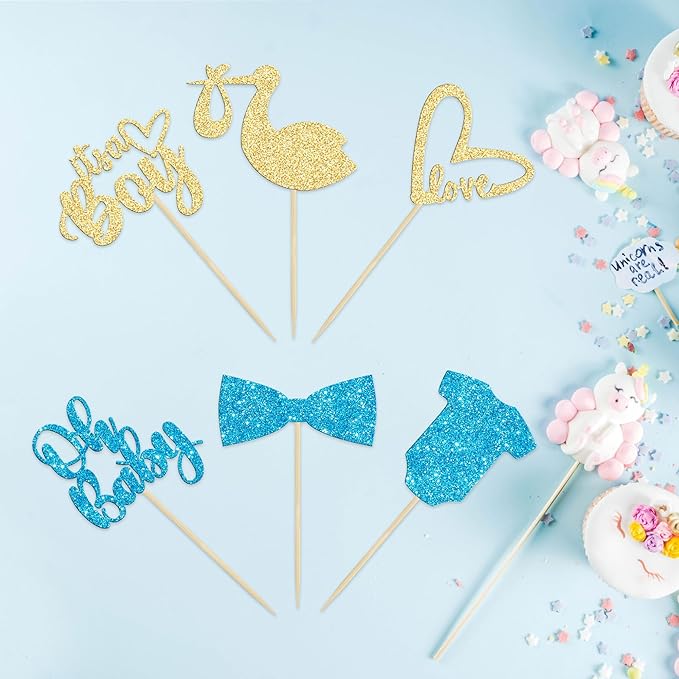 Gyufise 36 Pack Oh Baby Cupcake Toppers Assembled It's a Boy Cupcake Toppers with Tie Onesie Love Heart Glitter Cake Picks Decorations for Baby Shower Boy Birthday Party Supplies