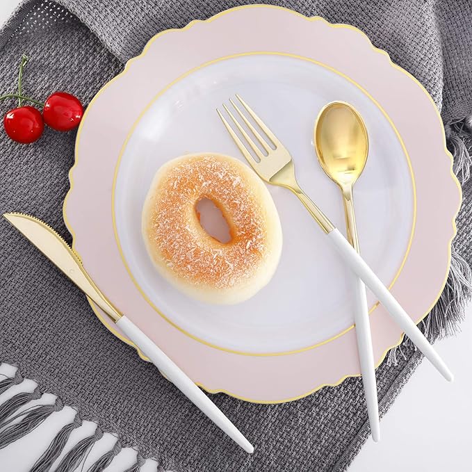 Supernal 102pcs Gold Plastic Cutlery, Durable Plastic silverware,Disposable Cutlerty with White Handle,Include 34 Forks,34 Knvies,34 Spoons, Suit for Wedding,Birthday,Party