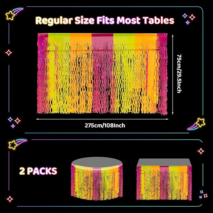 Glow in The Dark Party Supplies, 2 Pack Neon Fluorescent Wavy Metallic Tinsel Foil Fringe Table Skirts, 29.5x108 Inch UV Black Light Reactive Table Streamer Curtain Backdrop Party Decorations