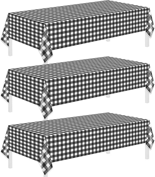 Childom 3 Pack Black and White Checkered Tablecloths 54"x108" Christmas Tablecloths for Rectangle,Disposable Plastic Table Cover for Weddings,Home,Birthday,Picnic,Buffet,Pizza Party,Racing Car Decors