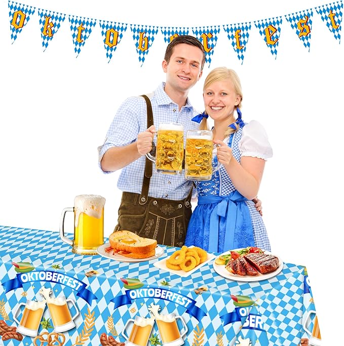 Oktoberfest Plastic Tablecloth,2Pcs Blue White Checkered Table Cover and Banner Flags for Bavarian Beer Festival Oktoberfest Party Decorations (54x108 Inch)