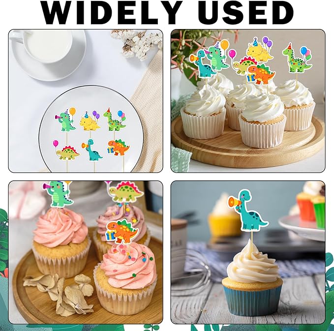 48Pcs Dinosaur Cake Toppers Set - Dinosaur Cupcake Toppers for Birthday Party Decorations, Dino Themed Baby Shower, Cake Decorations with Food-Safe Bamboo Sticks