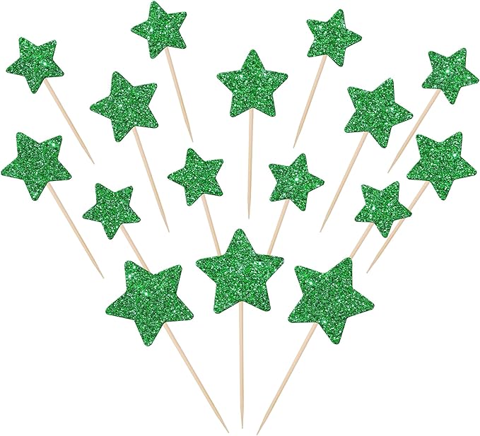 30 PCS Star Cupcake Toppers Glitter Assembled Twinkle Star Cupcake Picks Wedding Engagement Bridal Shower Birthday Party Cake Decorations Supplies Mixed Size Green