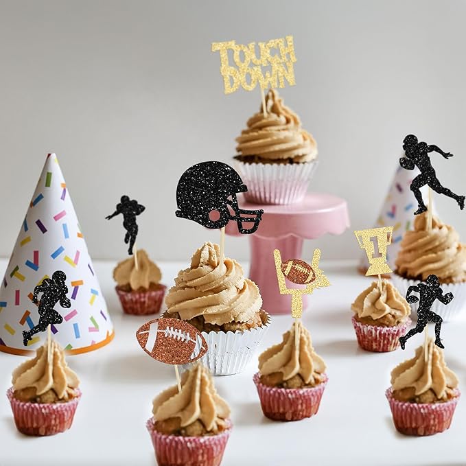 36Pcs Rugby Ball Cupcake Toppers Glitter Trophy American Football Cupcake Picks Touchdown Player Cake Decorations for Super Bowl Rugby Sports Theme Baby Shower Kids Birthday Party Supplies