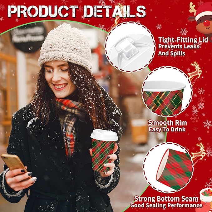 Yungyan 120 Sets Christmas Disposable Coffee Cups with Lids 12 oz Buffalo Plaid Paper Cups Xmas Hot Cocoa To-go Coffee Mug for Hot Cold Drinks Chocolate Tea Beverage Christmas Party Supplies