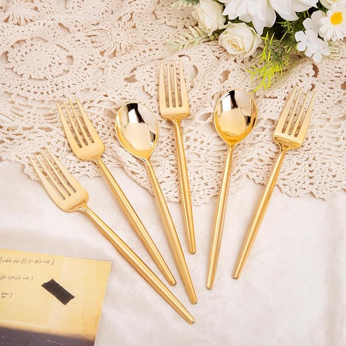 SUT 100PCS Gold Plastic Forks and Spoons Heavy Duty Set, Gold Disposable Silverware, Gold Cutlery, Gold Disposable Utensils, Plastic Flatware Includes 50 Forks, 50 Spoons for Party