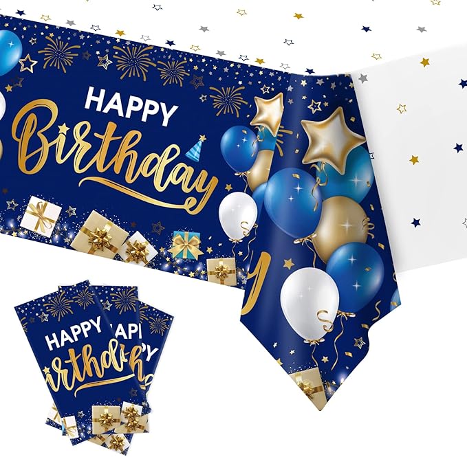 DUAIAI Happy Birthday Decorations, 3 Pcs Navy Blue and Gold Birthday Tablecloth for Boys Girls Men Women, Plastic Disposable Rectangle Table Cover for Birthday Party Supplies- 54" x 108"