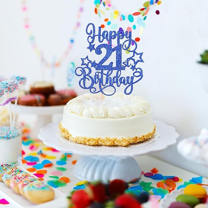 1 PCS Happy 21st Birthday Cake Topper Glitter Cheers to 21 Years Birthday Cake Pick Hello 21 Fabulous Cake Decoration for Happy 21st Birthday Anniversary Party Decorations Supplies Blue