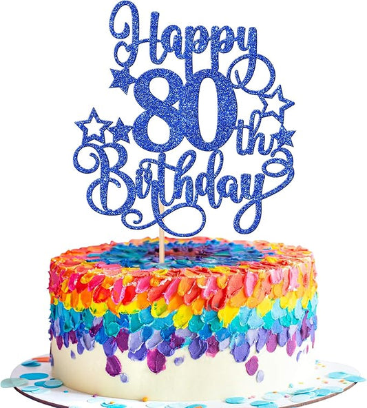 1 PCS Happy 80th Birthday Cake Topper Glitter Cheers to 80 Years Birthday Cake Pick Hello 80 Fabulous Cake Decoration for Happy 80th Birthday Anniversary Party Decorations Supplies Blue