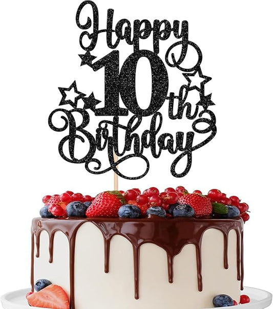 1 PCS Happy 10th Birthday Cake Topper Glitter Cheers to 10 Years Birthday Cake Pick Hello 10 Fabulous Cake Decoration for Happy 10th Birthday Anniversary Party Decorations Supplies Black