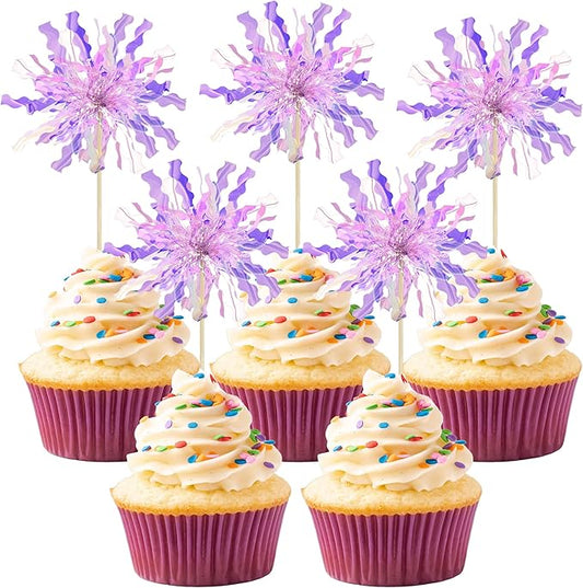 Gyufise 30Pcs Foil Firework Cupcake Toppers Happy Birthday Cake Toppers Tinsel Flower Drink Stirrers Cocktail Food Fruit Toothpicks for Valentine's Day Party Birthday Wedding Supplies Purple