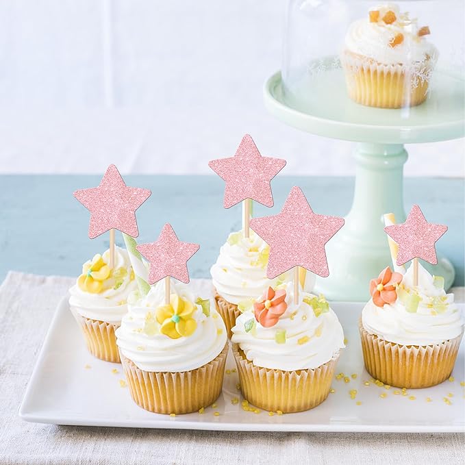 30 PCS Star Cupcake Toppers Glitter Assembled Twinkle Star Cupcake Picks Wedding Engagement Bridal Shower Birthday Party Cake Decorations Supplies Mixed Size Light Pink