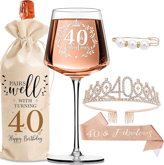 40th Birthday Gifts for Women Her - Elegant Decorations with Vintage Wine Glasses, Wine Bag, Birthday Sash, Crown,Rhinestone Birthday Tiara, Perfect for Women,Mom,Wife,Coworker,Best Friend,Sister