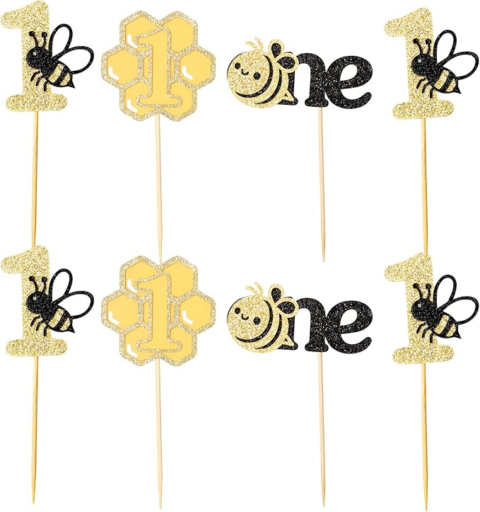 24Pcs Bumble Bee First Birthday Cupcake Toppers Gold Glitter Bee One Cupcake Picks First Birthday Cake Decorations for Baby Shower Kids 1st Birthday Party Supplies