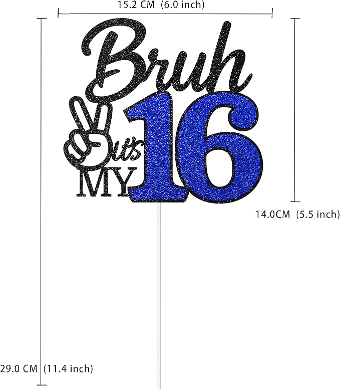 1 Pcs Bruh I'm 16 Cake Topper, Happy 16th Birthday Cake Pick, It's My 16th Birthday Party Decoration For Boys, Funny Boy Cheers To 16 Year Party Supply(Blue & Black)