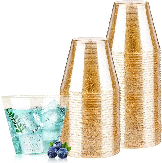 50PCS 9oz Glitter Plastic Cups for Party, Disposable Gold Cups, Plastic Cocktail Glasses for Wedding Thanksgiving, Christmas, and Parties