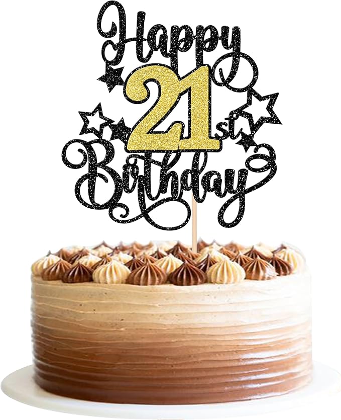 1 PCS Happy 21st Birthday Cake Topper Black Gold Glitter Cheers to 21 Years Birthday Cake Pick Hello 21 Fabulous Cake Decoration for Happy 21st Birthday Anniversary Party Decorations Supplies