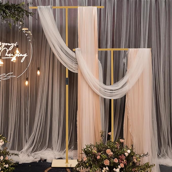 Vincidern 2pcs Adjustable Backdrop Stand for Wedding, Heavy Duty Metal Background Stand for Party, Wedding, Birthday, Events Decorations, Gold Pipe and Drape Backdrop Stand (2.6FT to 8FT Adjustable Height)