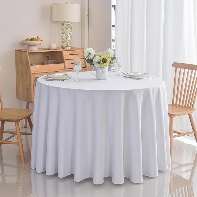 2-Pack Round 108-inch White Table Cloths, Solid Stain and Wrinkle Resistant Circular Tablecloth, Premium Plain Weave Polyester Fabric Table Linen Covers for Hotel, Banquet