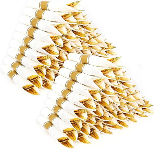 100 Pack Pre Rolled Gold Plastic Silverware Set,Wrapped Plastic Cutlery Set with Napkin Include 100 Forks,100 Spoons,100 Knives and 100 White Napkins for Party, Wedding,showers, Christmas