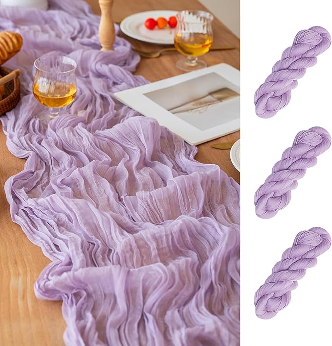 FEXIA 3 Pack Lilac Cheesecloth Table Runner 35x120 Inches for Baby Shower Decorations Spring Easter Table Runners for Wedding Party First Communion Centerpiece Engagement Bridal Shower Boho Decor