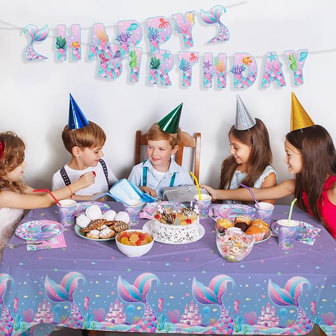 Gatherfun Mermaid Party Supplies Set: Mermaid Birthday Decorations, Includes 2-Pack Mermaid-Themed Tablecloths for Kids & Girls 1st Birthday, Mermaid Party Decorations Table Covers 54 x 108 Inch