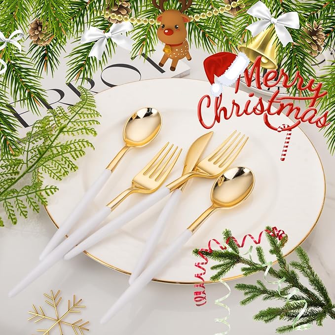 I00000 60 Pcs Gold Plastic Silverware - Heavy Duty Plastic Cutlery -Party Disposable Silverware Set，Disposable Cutlery Set Includes 20 Forks, 20 Knives, 20 Spoons Perfect for Wedding