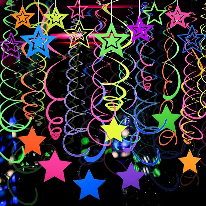 52 PCS UV Neon Rainbow Ceiling Swirl Decoration Hanging Neon Streamer for Ceiling Neon Garlands Black Light Neon Decorations for Dark Glow Party Supplies and Decorations Birthday Neon Party Favors