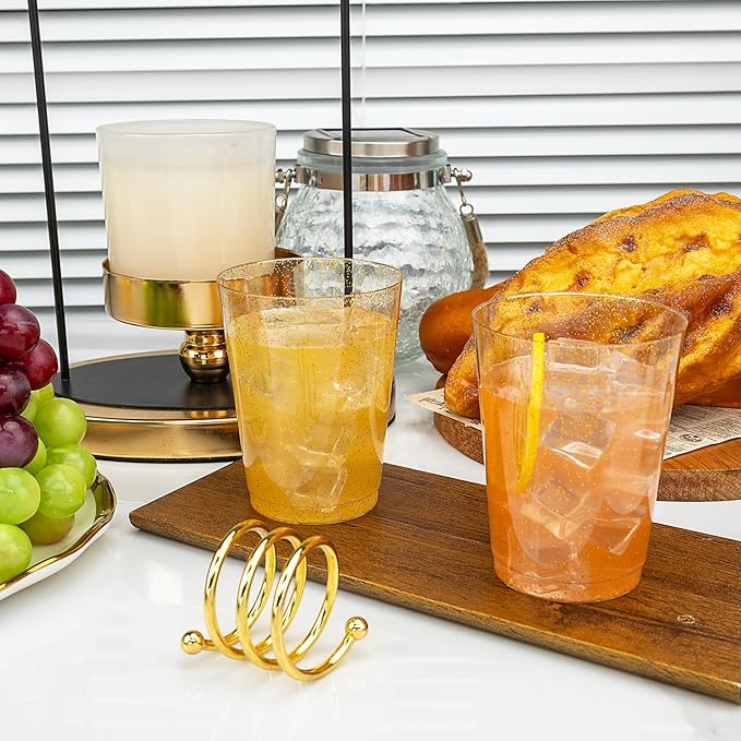 I00000 100 Pack 10oz Gold Plastic Cups, Premium Disposable Gold Glitter Plastic Cups for Martini and Cocktail,Hard Clear Cup with Gold Glitter Perfect for Fancy Wedding and Elegant Party