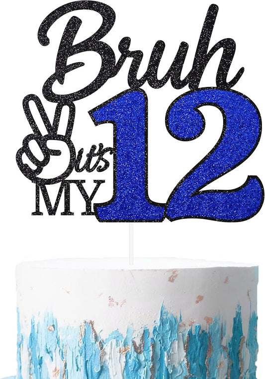 1 Pcs Bruh I'm 12 Cake Topper, Happy 12th Birthday Cake Pick, It's My 12th Birthday Party Decoration For Boys, Funny Boy Cheers To 12 Year Party Supply(Blue & Black)