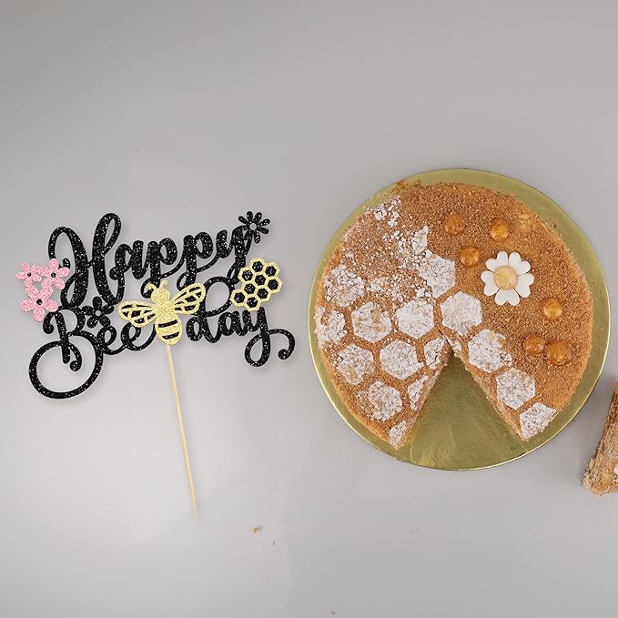 1 Pack Happy Bee Day Cake Topper Glitter Bumble Bee Theme Cake Pick Decorations for Baby Shower Kids Birthday Party Supplies Black