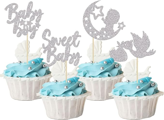 24Pcs Baby Shower Boy Cupcake Toppers Silver Glitter Moon Star Sweet Baby Boy Cupcake Picks Decorations for Gender Reveal Baby Shower Kids Boys Birthday Party Supplies