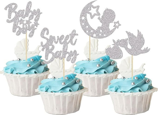 24Pcs Baby Shower Boy Cupcake Toppers Silver Glitter Moon Star Sweet Baby Boy Cupcake Picks Decorations for Gender Reveal Baby Shower Kids Boys Birthday Party Supplies