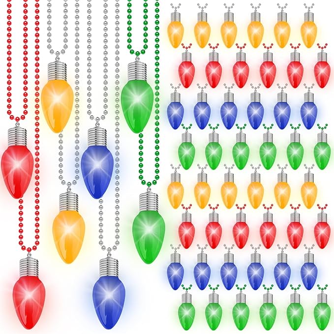 48PCS Light Up Christmas Necklaces, 3 Lighting Modes Festive Xmas Accessories, 4 Vibrant Colors Lights Bead Chain, Christmas Party Favors Necklaces for Holiday Celebrations New Year Decorative