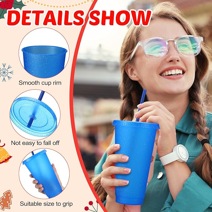 Honeydak 30 Pack Tumbler with Straw and Lid Bulk Cups for Gifts Glitter Plastic Coffee Cups 24-27 oz Reusable Water Bottle Iced Coffee Travel Mug Party Favors for Birthdays Travel (Primary Color)