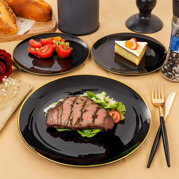 Supernal 102pcs Gold Plastic Silverware, Golden Cutlery with Black Handle, Disposable Flatware Collection, Includes 34 Plastic Forks and Spoons and Knives Ideal for Weddings, Parties, and Birthdays