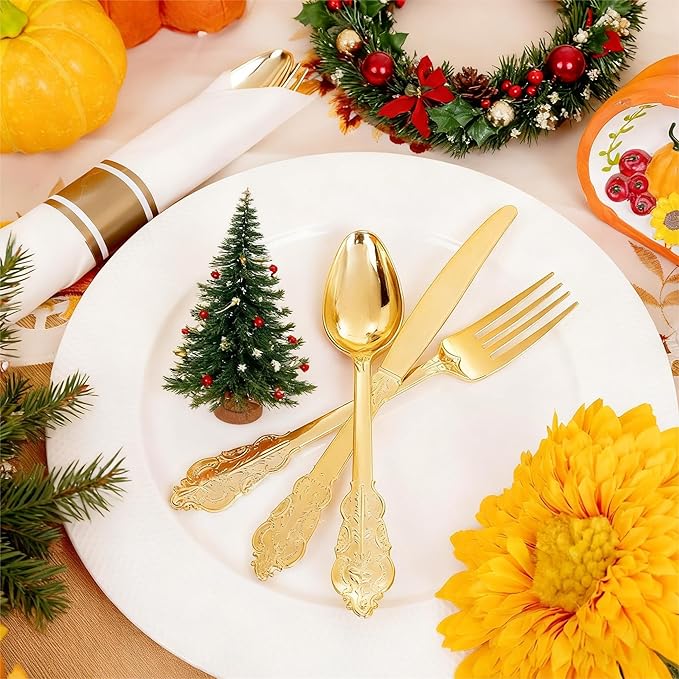 Liacere 400PCS Gold Plastic Silverware - Pre Rolled Napkins Disposable Gold Plastic Cutlery-Premium Quality Utensils-Includes 100Forks,100Knives,100Spoons,100 Napkins & Christmas & New Year
