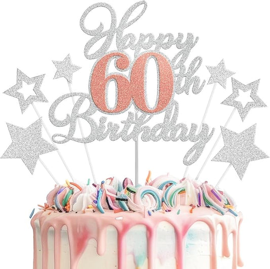 Happy 60th Birthday Cake Toppers, Rose Gold Silver Glitter Cake Decorations Set, 60th Birthday Decor, Birthday Anniversary Party Decorations Supplies