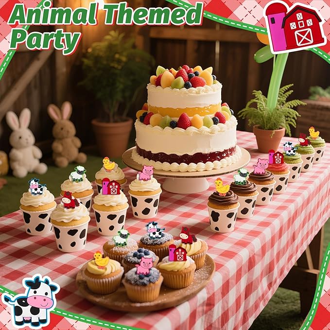 24 PCS Farm Animal Cupcake Toppers Rubber Cupcake Ring Horse Cow Farmhouse Chicken Pig Sheep Cake Toppers for Birthday Baby Shower Barnyard Tractor Theme Party Supplies Decorations
