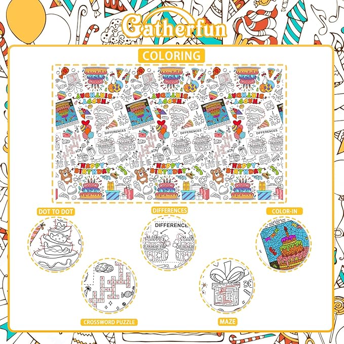 Gatherfun Happy Birthday Party Supplies Color-in Disposable Paper Tablecloth | 54x88 in Happy Birthday Party Decorations Set for Kids Birthday, School & Special Events