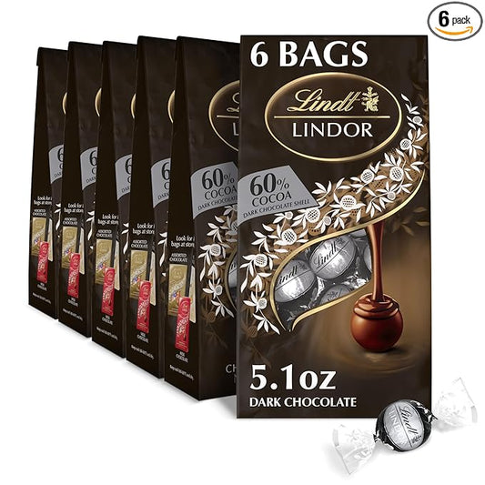 Lindt LINDOR 60% Extra Dark Chocolate Truffles, Dark Chocolate Candy with Smooth, Melting Truffle Center, Great for Gift Giving, 5.1 oz. Bag (6 Pack)