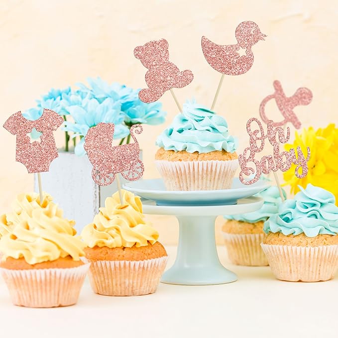 Gyufise 36Pcs Baby Shower Cupcake Toppers Glitter Pacifier Baby Carriage Bear Oh Baby Cupcake Picks for Gender Reveal Baby Shower Kids Birthday Party Supplies Rose Gold
