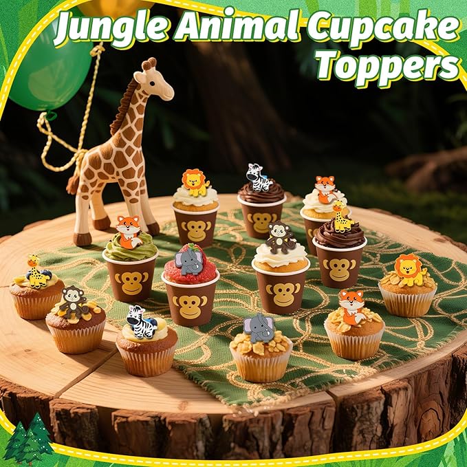 24 PCS Jungle Animals Cupcake Toppers Forest Theme Cupcake Ring Lion Monkey Zebra Fox Giraffe Elephant Cake Topper for Birthday Baby Shower Oh Baby Party Favor Nursery Wild Party Supplies