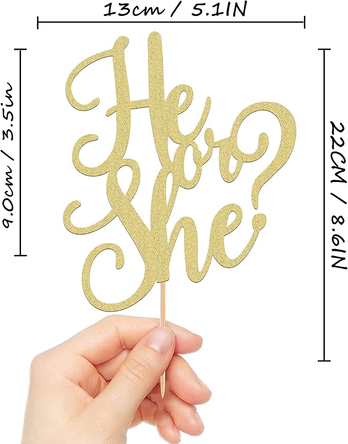 He or She Cake Topper - Glitter Gold Gender Reveal Cake Topper Decorations, Suitable for Baby Shower Favors, Baby Gender Reveal, Baby Birthday Party or Baby Photo Booth Props (Gold)
