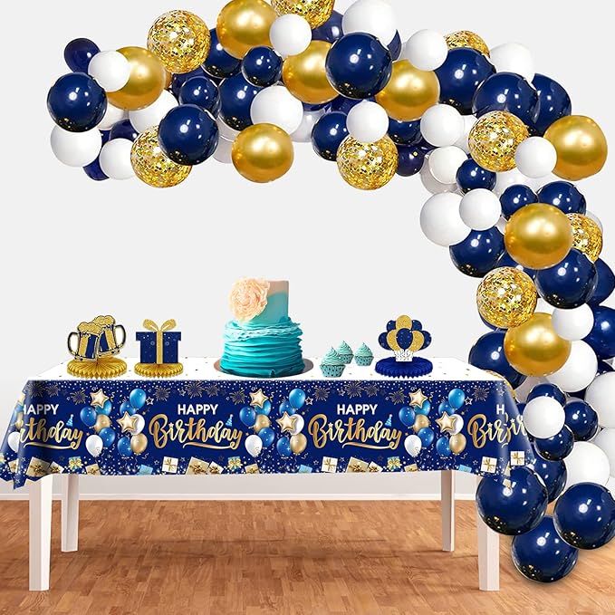 DUAIAI Happy Birthday Decorations, 1 Pcs Navy Blue and Gold Birthday Tablecloth for Boys Girls Men Women, Plastic Disposable Rectangle Table Cover for Birthday Party Supplies- 54" x 108"