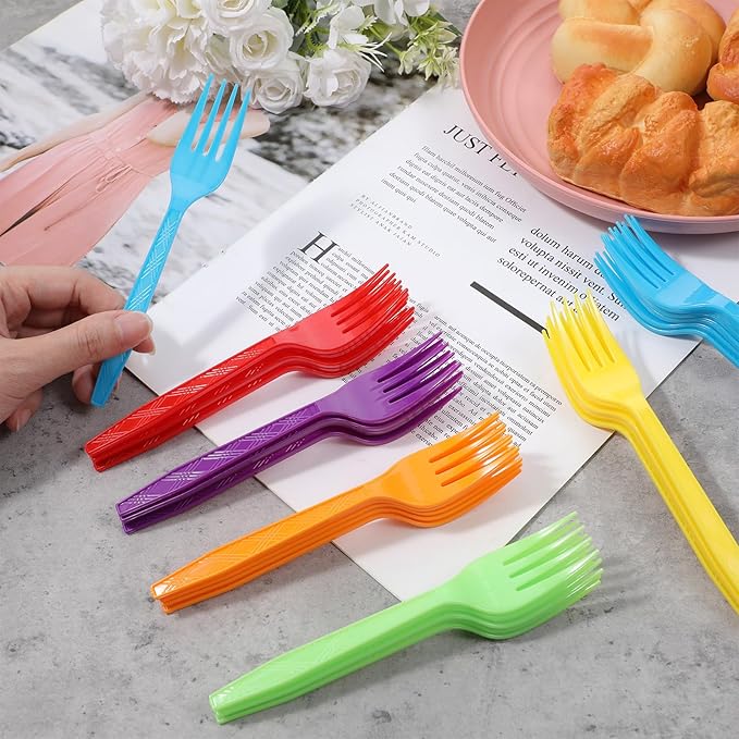 420 Pcs Rainbow Disposable Plastic Forks Bulk - Colorful Cutlery for Parties, Picnics, Weddings & Events (6 Vibrant Colors, 70 Each)