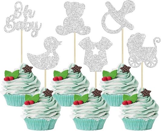 Gyufise 36Pcs Oh Baby Cupcake Toppers Glitter Pacifier Baby Carriage Bear Baby Shower Cupcake Picks for Gender Reveal Baby Shower Kids Birthday Party Supplies Silver